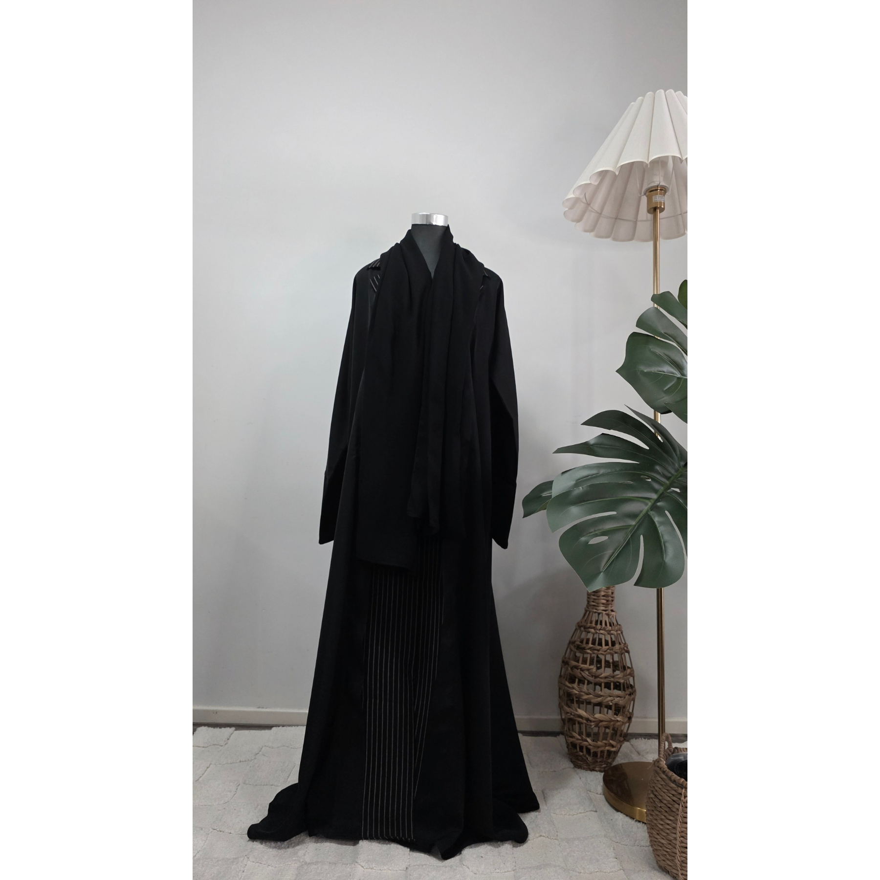 Black Coat collared Pinstripe Abaya Set with Matching Hijab