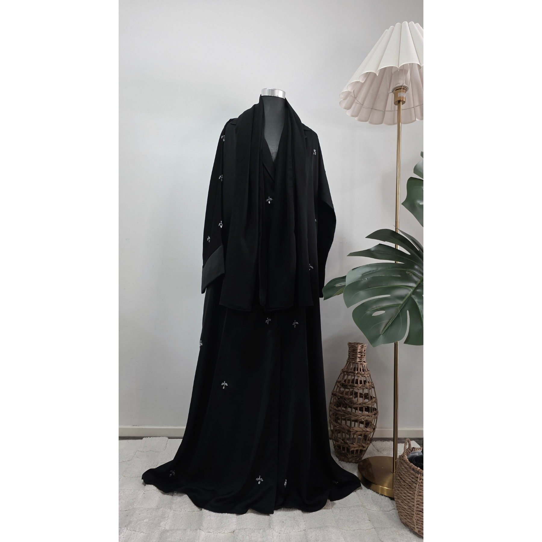 Black coat collared Embellished Abaya with Matching Hijab