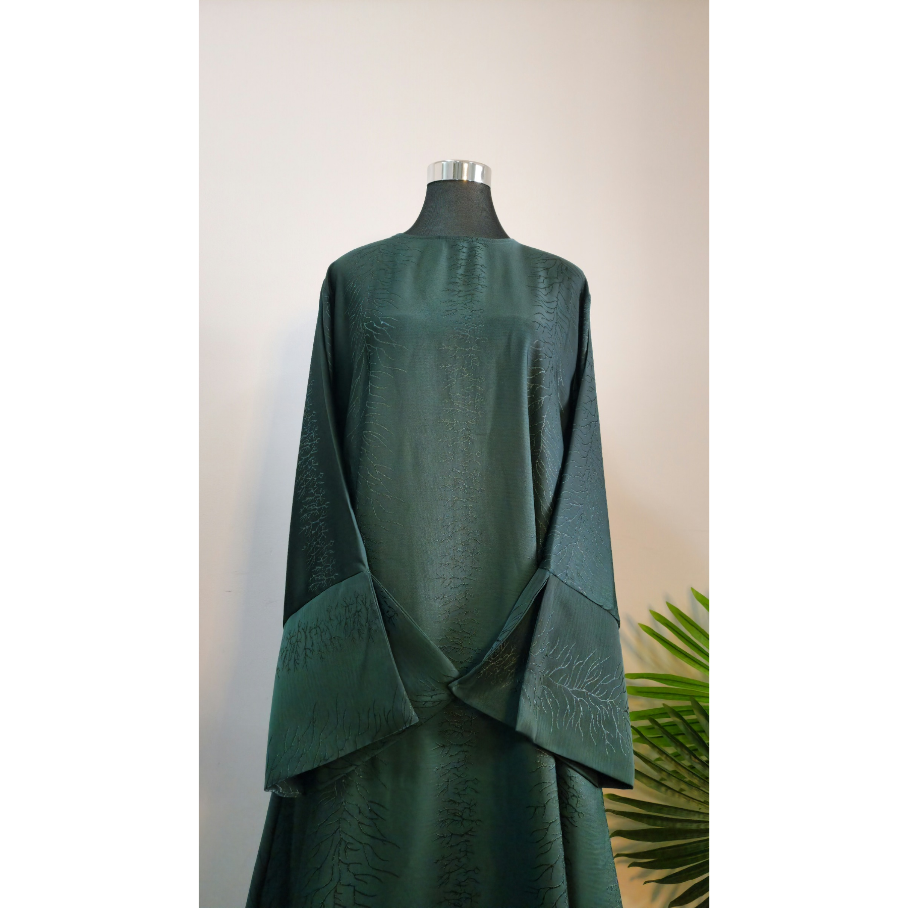 Dark Green Textured Satin Dress with Wide Sleeves and Waist Tie
