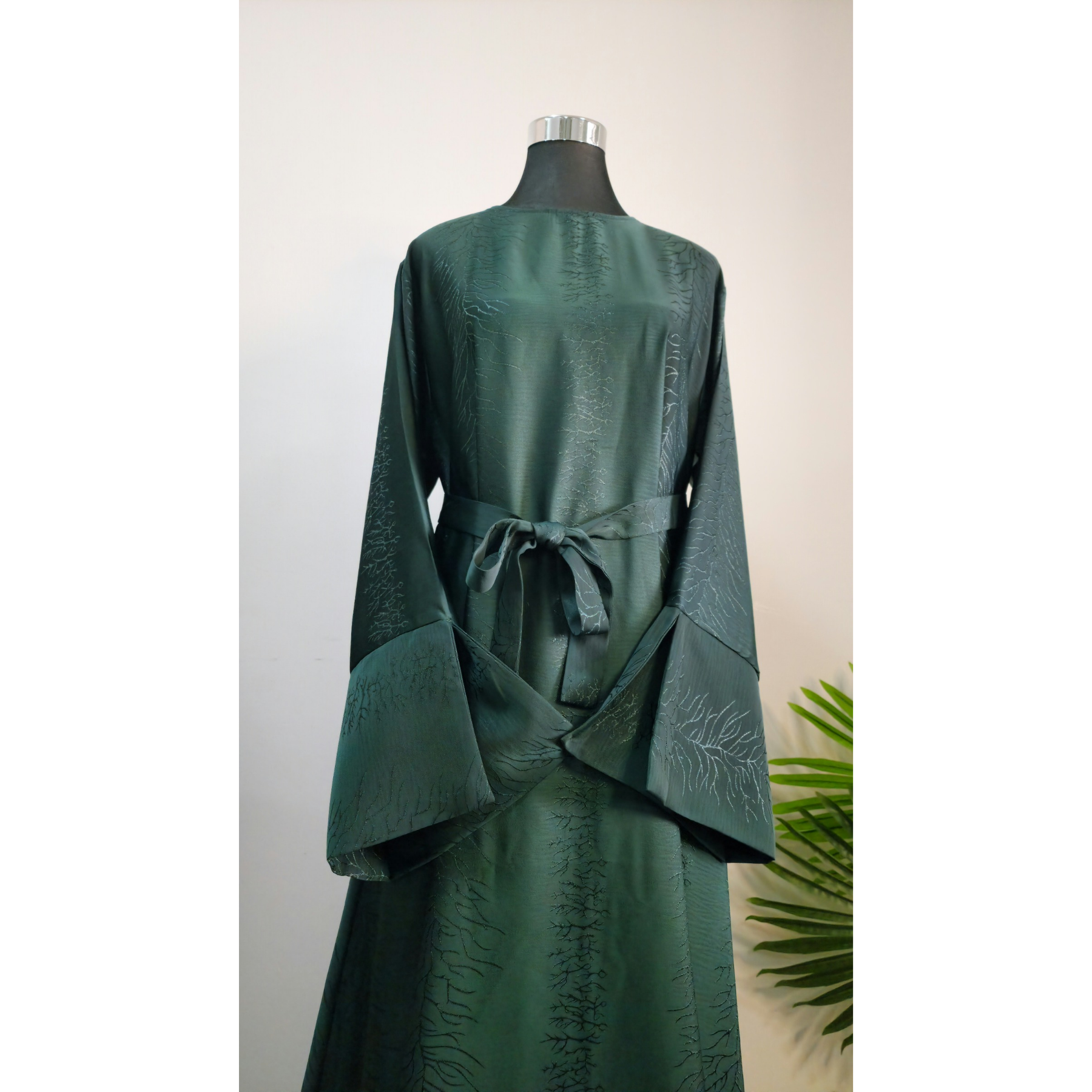Dark Green Textured Satin Dress with Wide Sleeves and Waist Tie