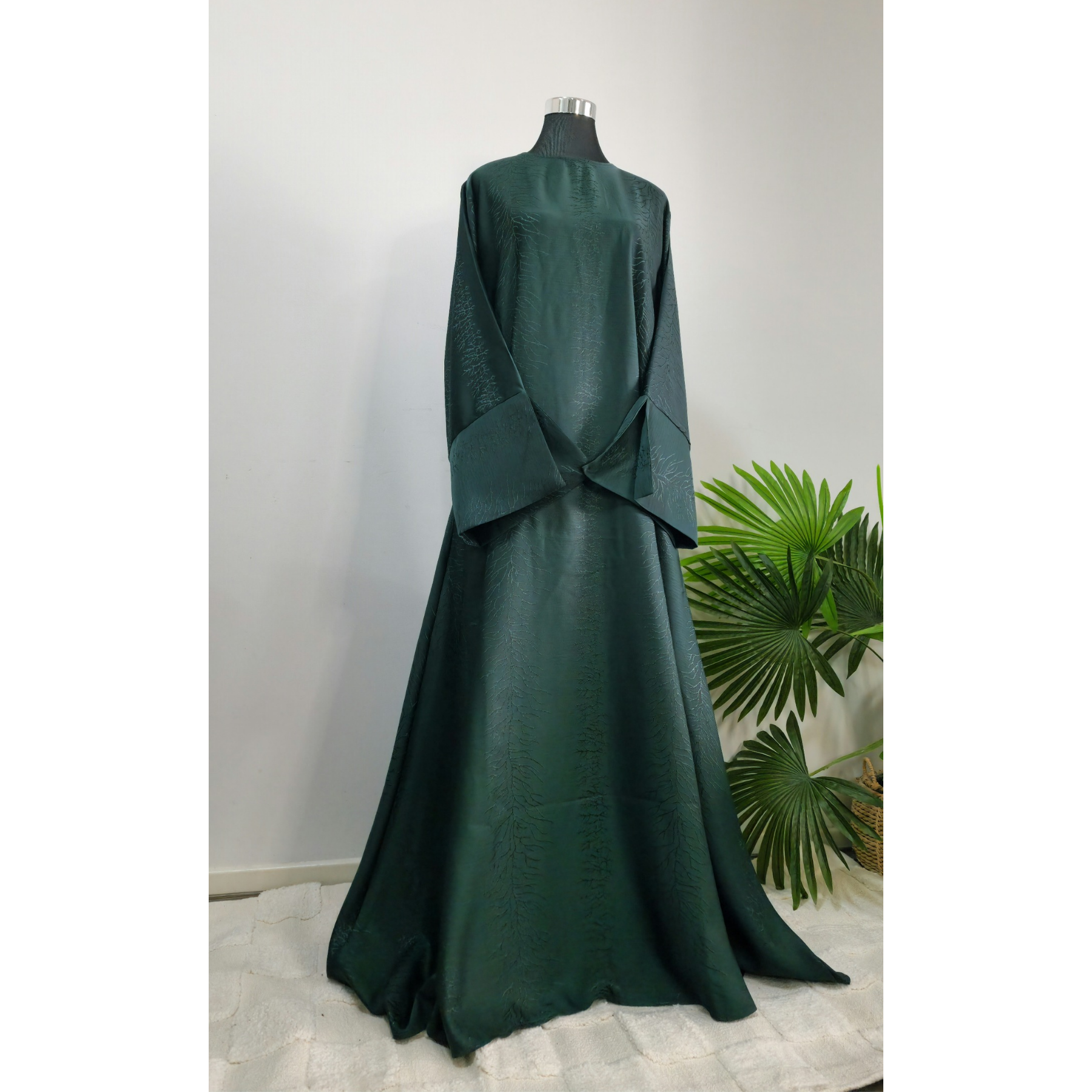 Dark Green Textured Satin Dress with Wide Sleeves and Waist Tie