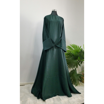 Dark Green Textured Satin Dress with Wide Sleeves and Waist Tie