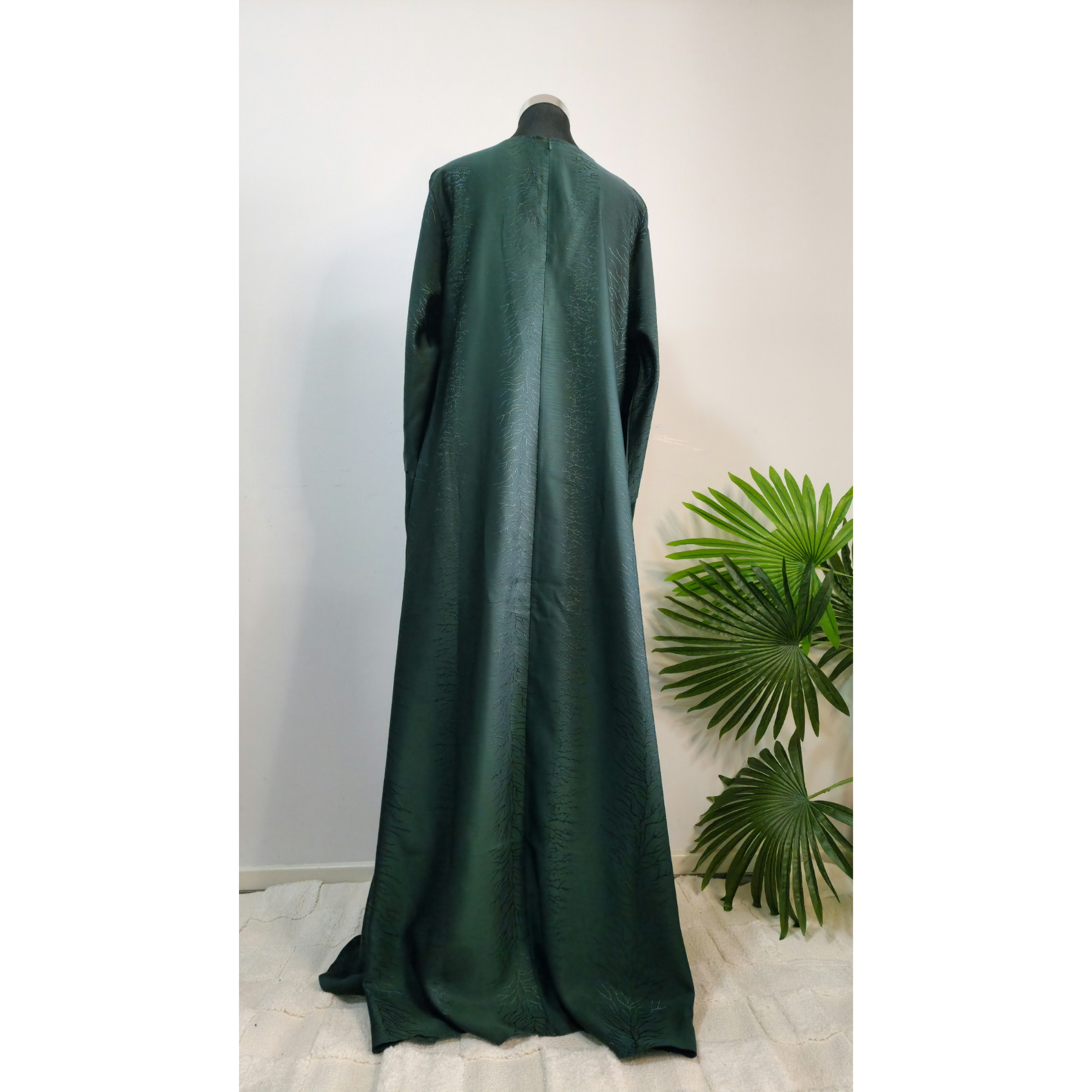 Dark Green Textured Satin Dress with Wide Sleeves and Waist Tie