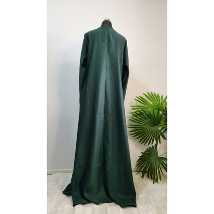 Dark Green Textured Satin Dress with Wide Sleeves and Waist Tie