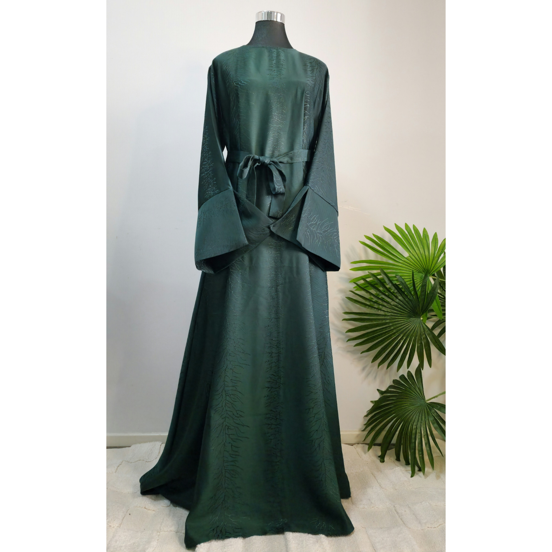 Dark Green Textured Satin Dress with Wide Sleeves and Waist Tie
