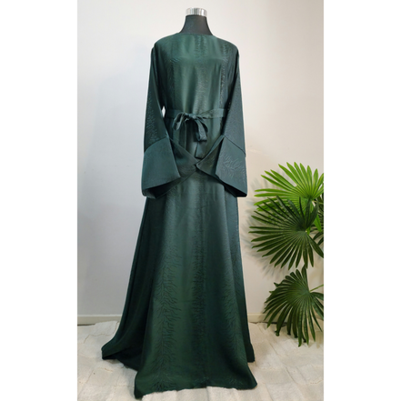 Dark Green Textured Satin Dress with Wide Sleeves and Waist Tie