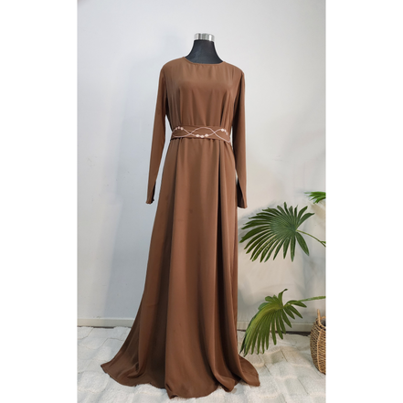 Brown Modest Maxi Double Abaya with Matching Embroidered Scarf