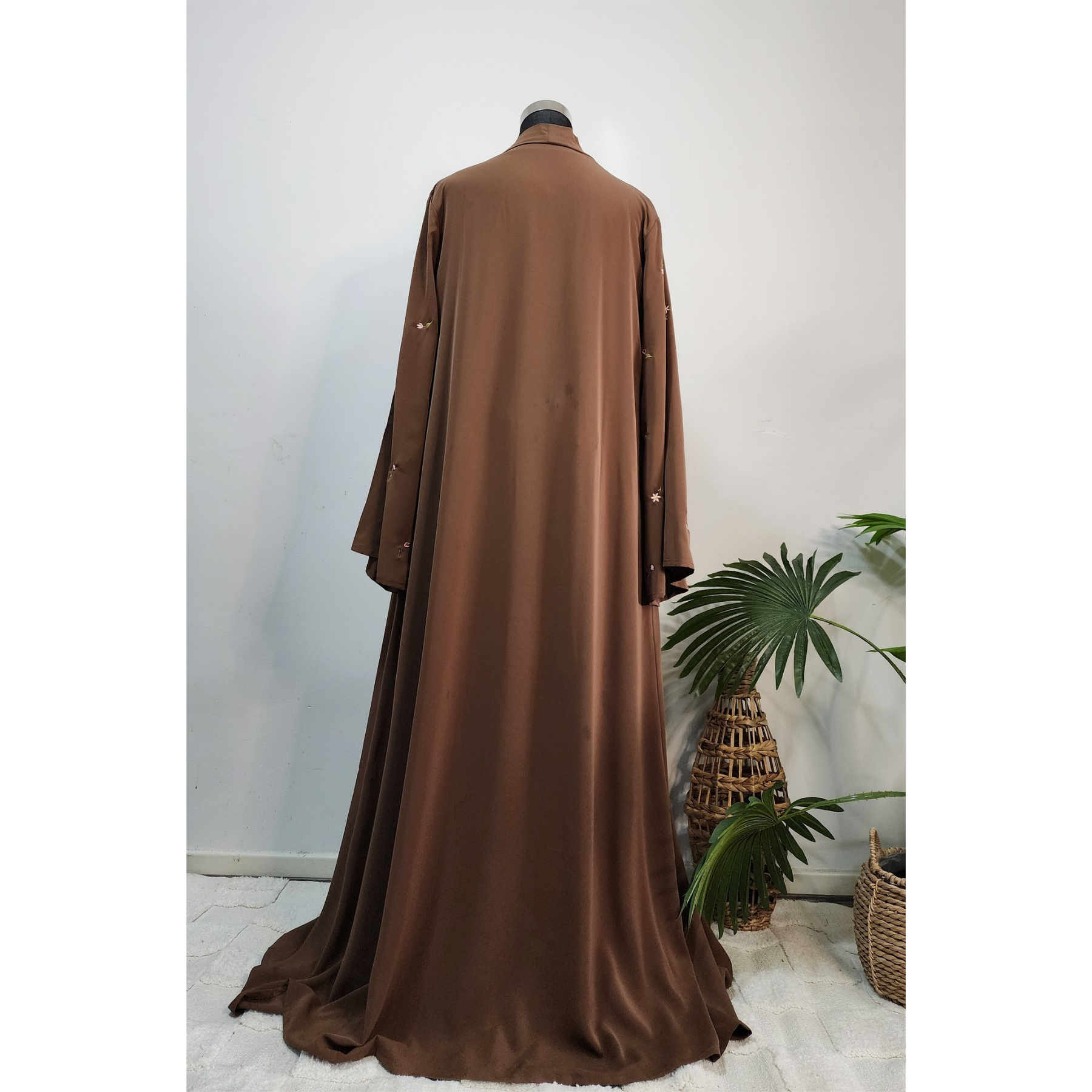 Brown Modest Maxi Double Abaya with Matching Embroidered Scarf