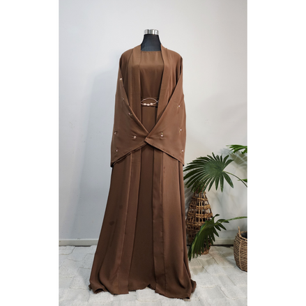 Brown Modest Maxi Double Abaya with Matching Embroidered Scarf
