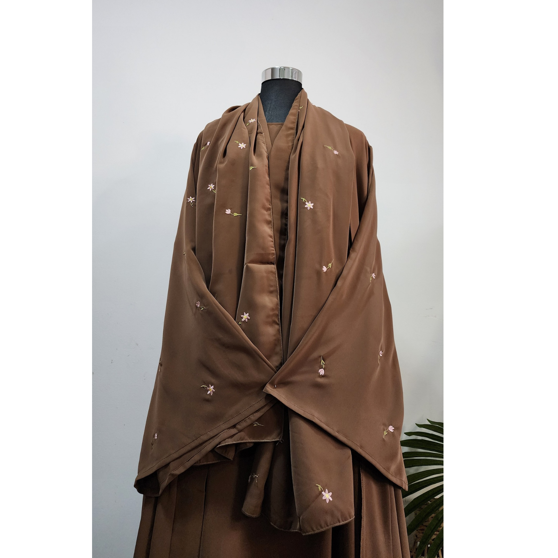 Brown Modest Maxi Double Abaya with Matching Embroidered Scarf