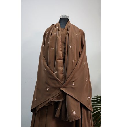 Brown Modest Maxi Double Abaya with Matching Embroidered Scarf