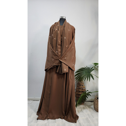 Brown Modest Maxi Double Abaya with Matching Embroidered Scarf