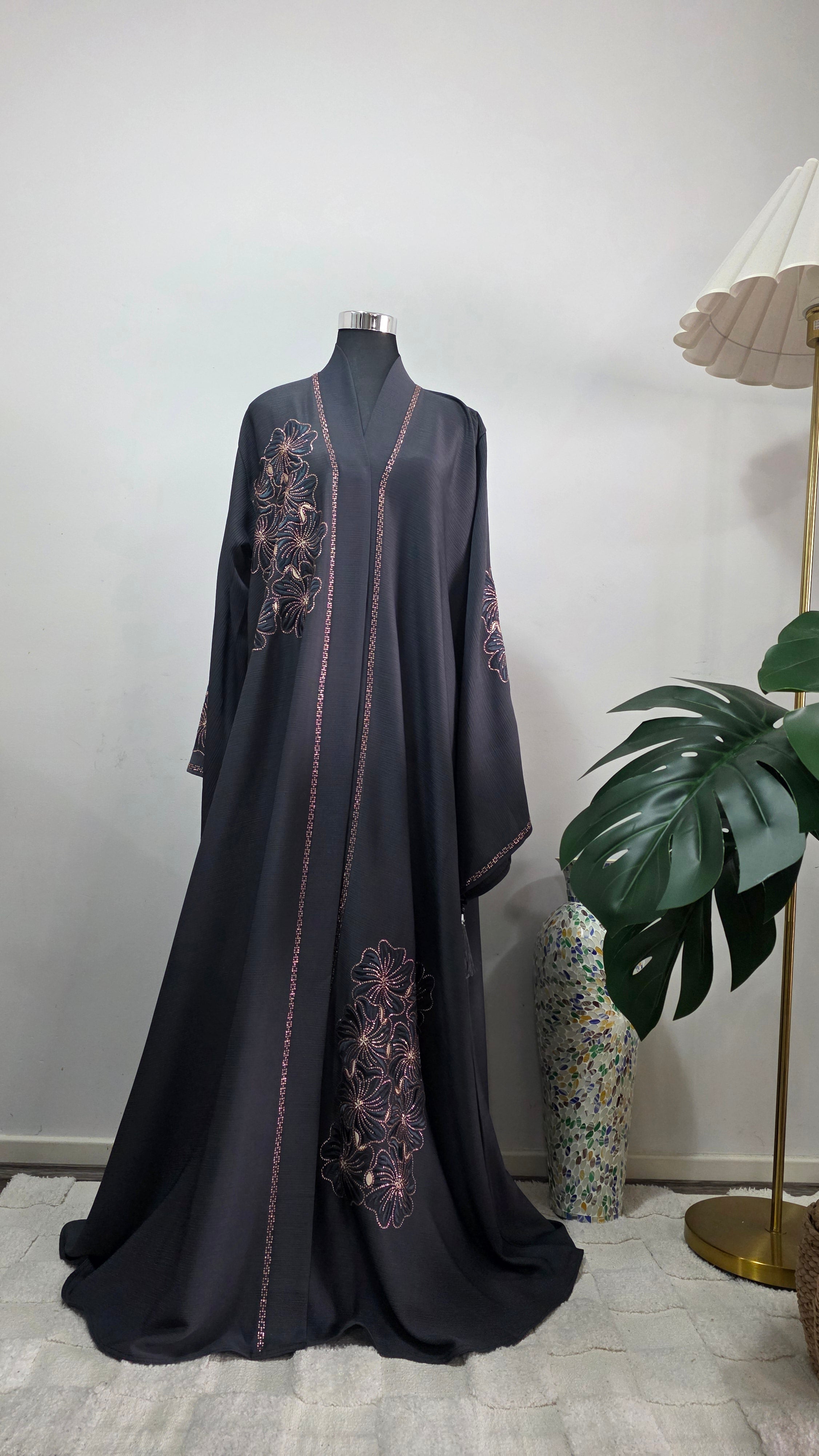 Grey Embroidered Abaya with Matching Hijab