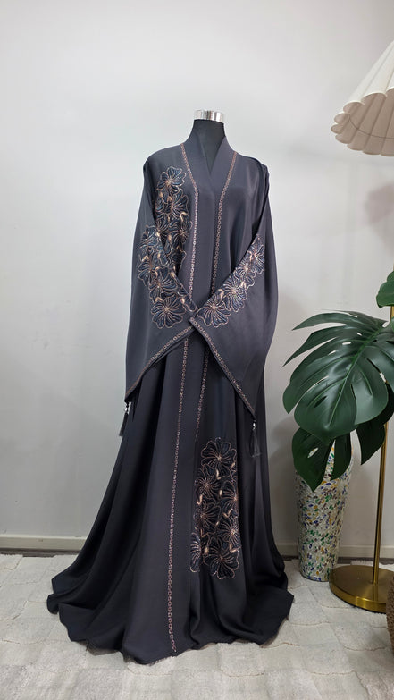 Grey Embroidered Abaya with Matching Hijab
