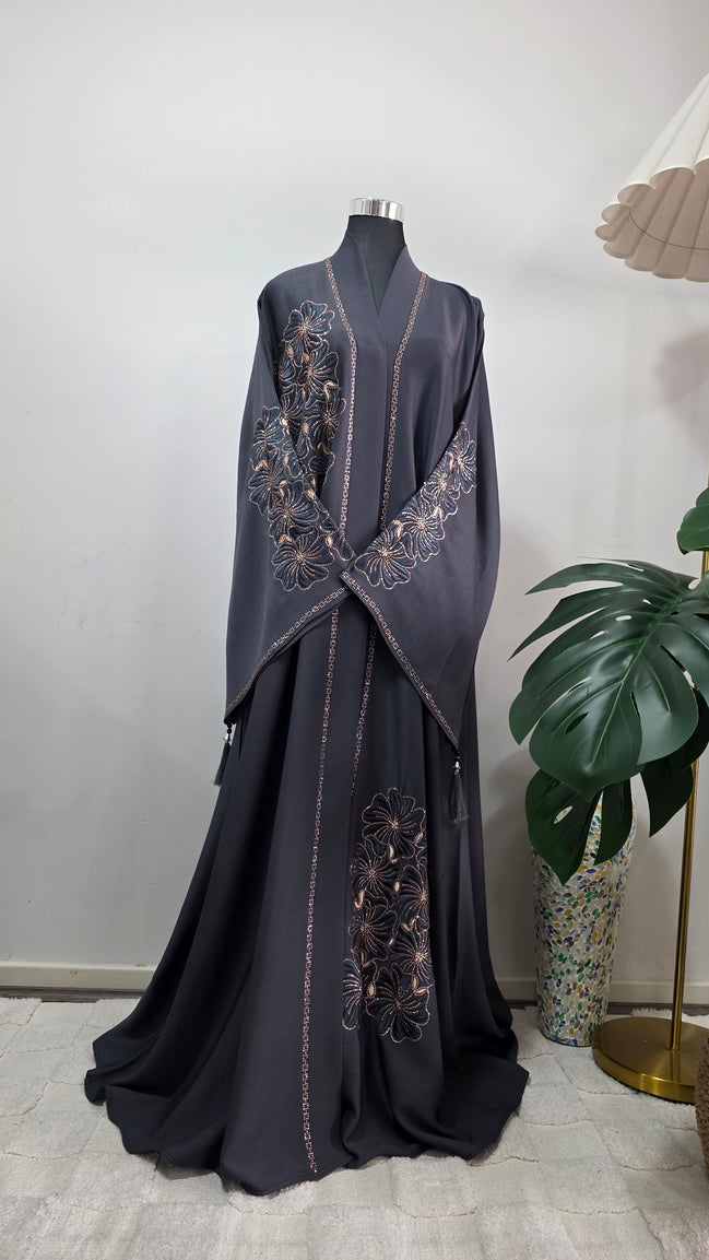 Grey Embroidered Abaya with Matching Hijab