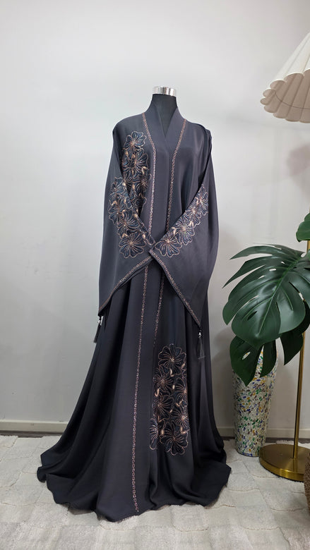 Grey Embroidered Abaya with Matching Hijab