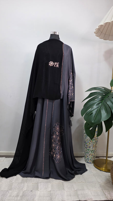 Grey Embroidered Abaya with Matching Hijab