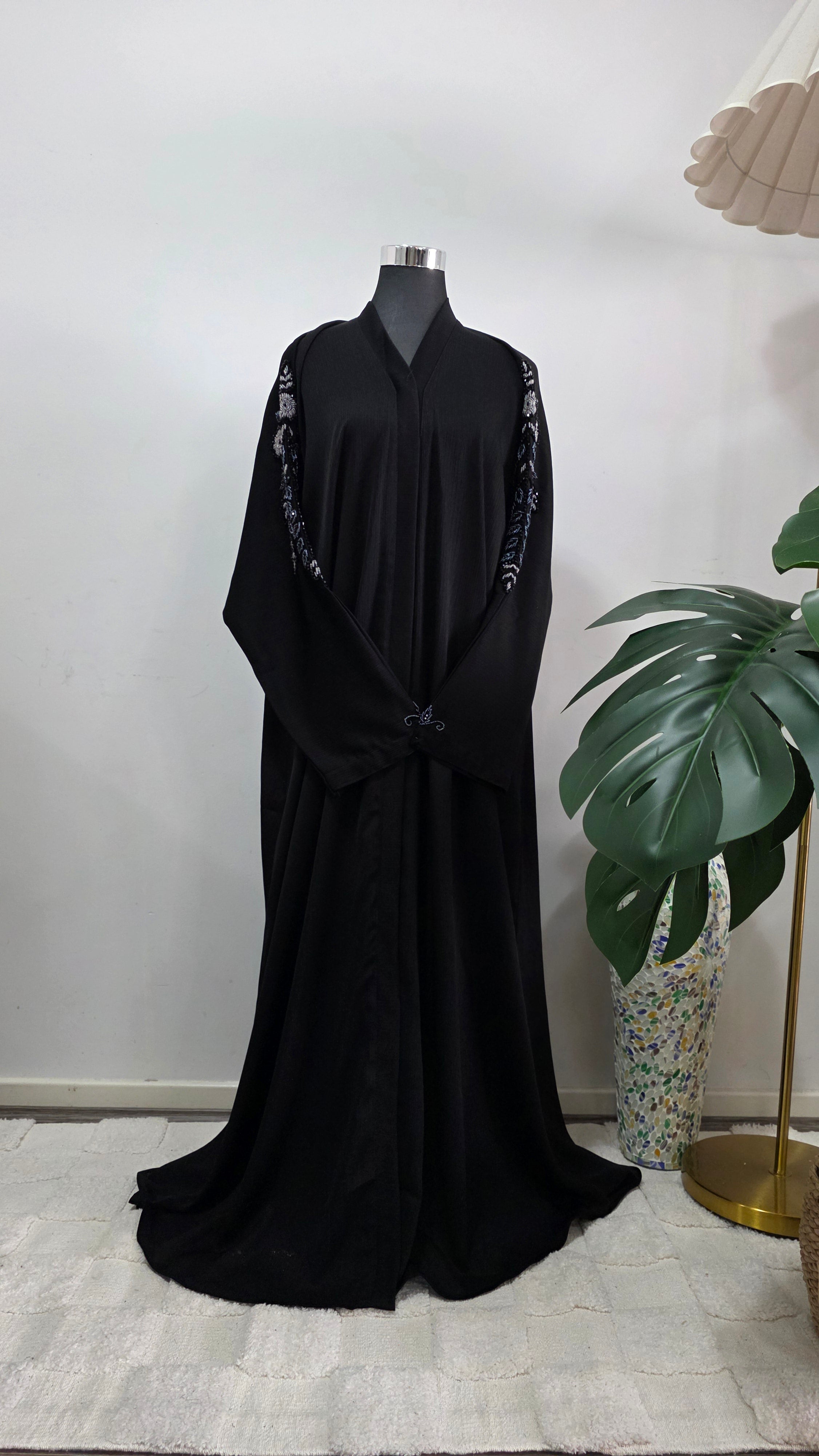 Black Abaya with Hand Beaded Sleeve Detail and Matching Hijab