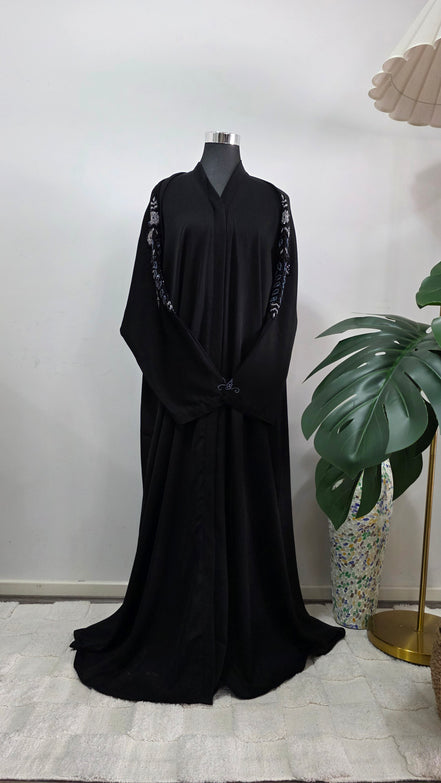 Black Abaya with Hand Beaded Sleeve Detail and Matching Hijab
