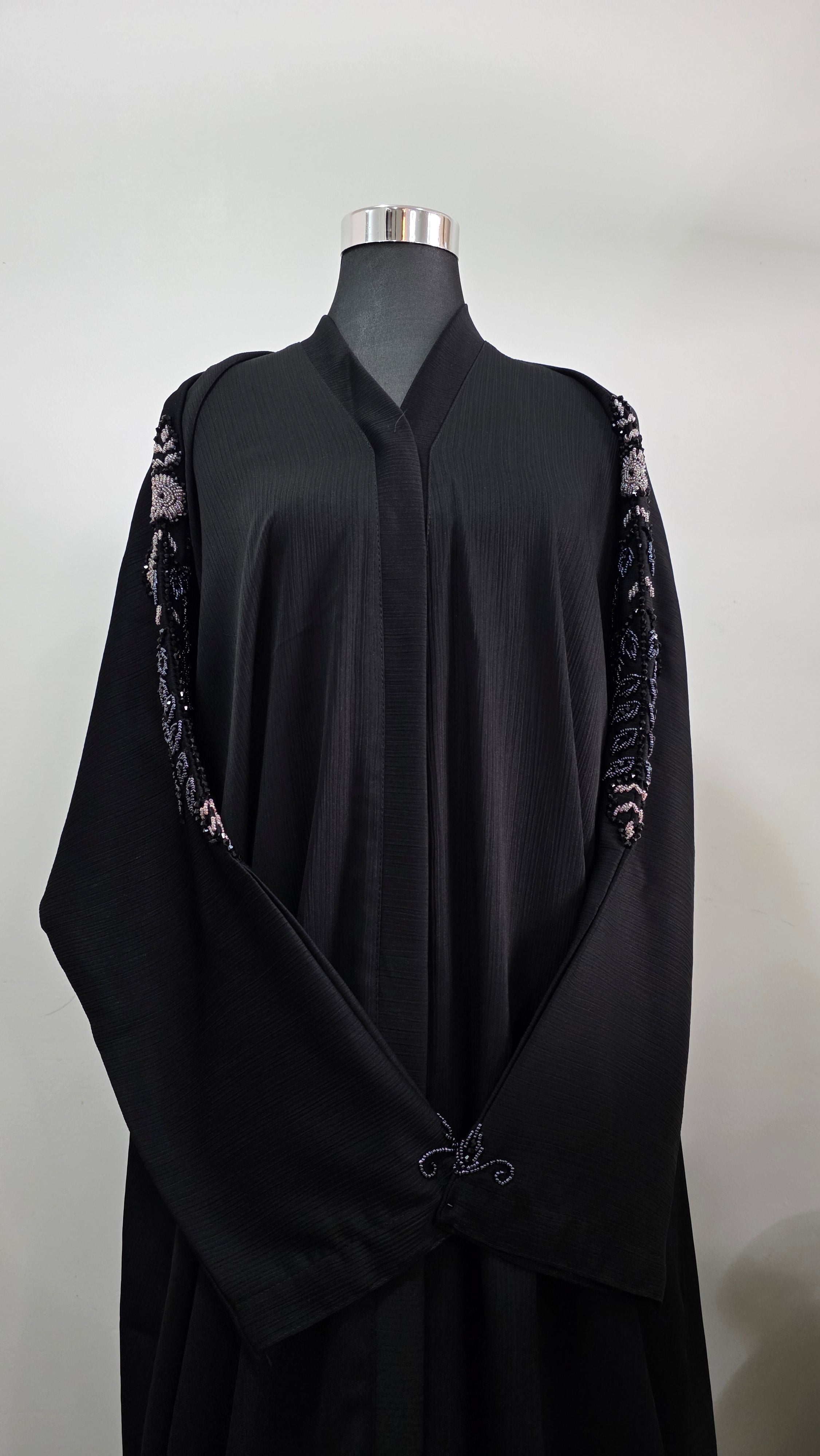 Black Abaya with Hand Beaded Sleeve Detail and Matching Hijab
