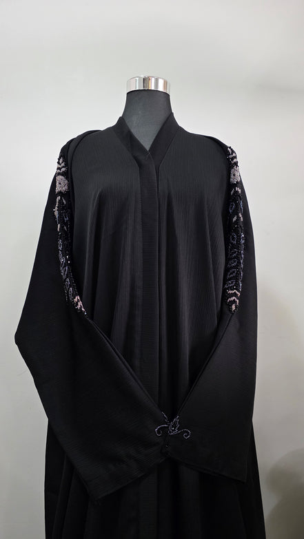 Black Abaya with Hand Beaded Sleeve Detail and Matching Hijab