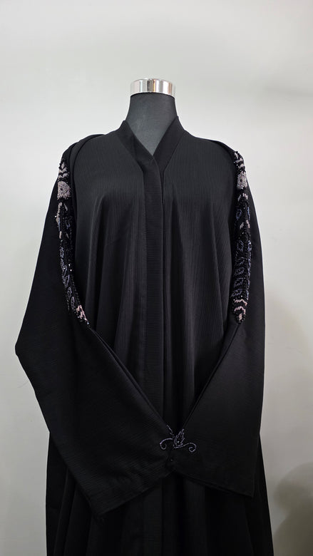 Black Abaya with Hand Beaded Sleeve Detail and Matching Hijab