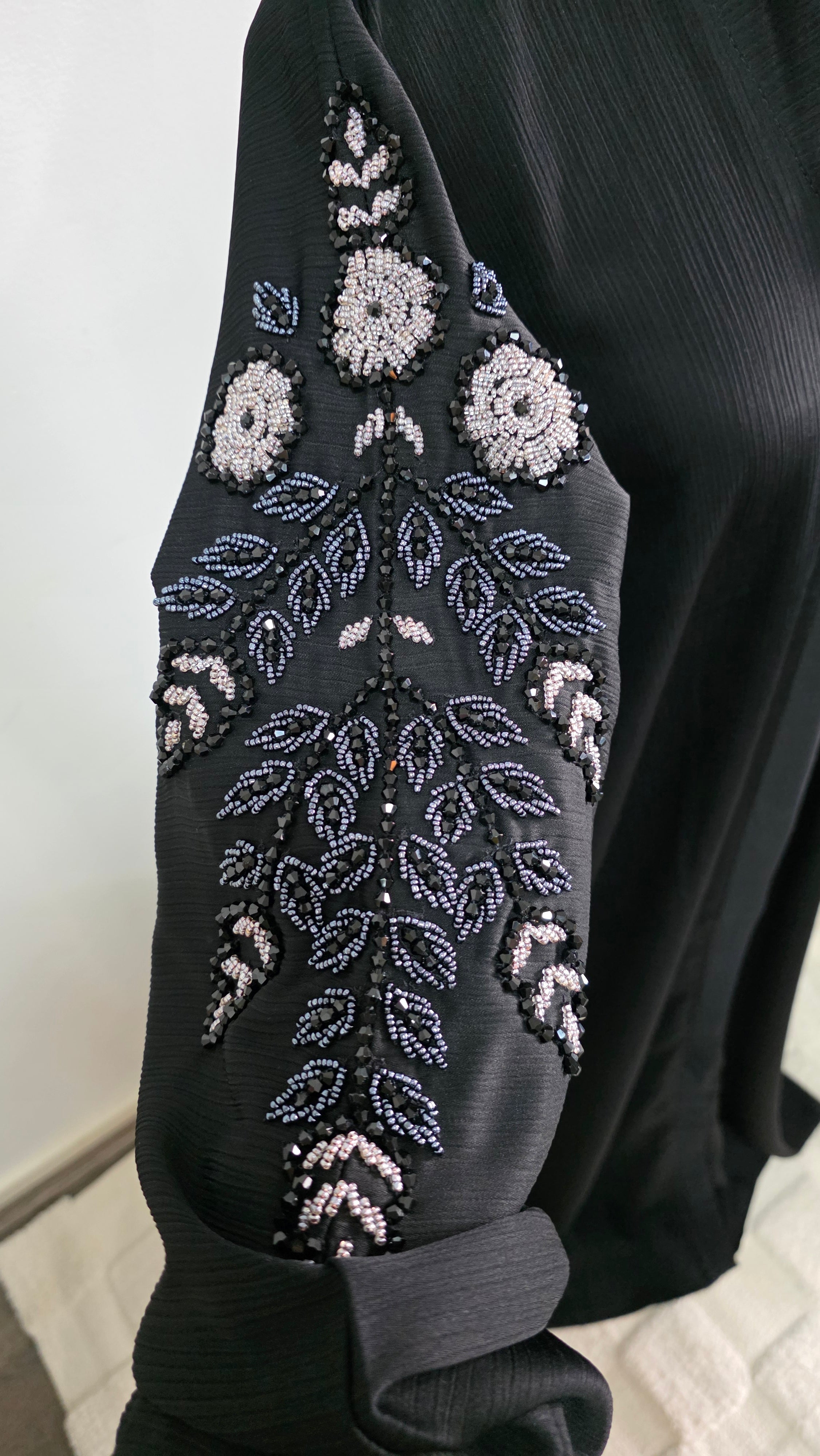 Black Abaya with Hand Beaded Sleeve Detail and Matching Hijab
