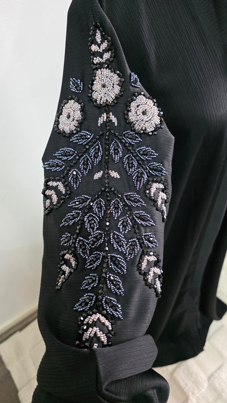 Black Abaya with Hand Beaded Sleeve Detail and Matching Hijab
