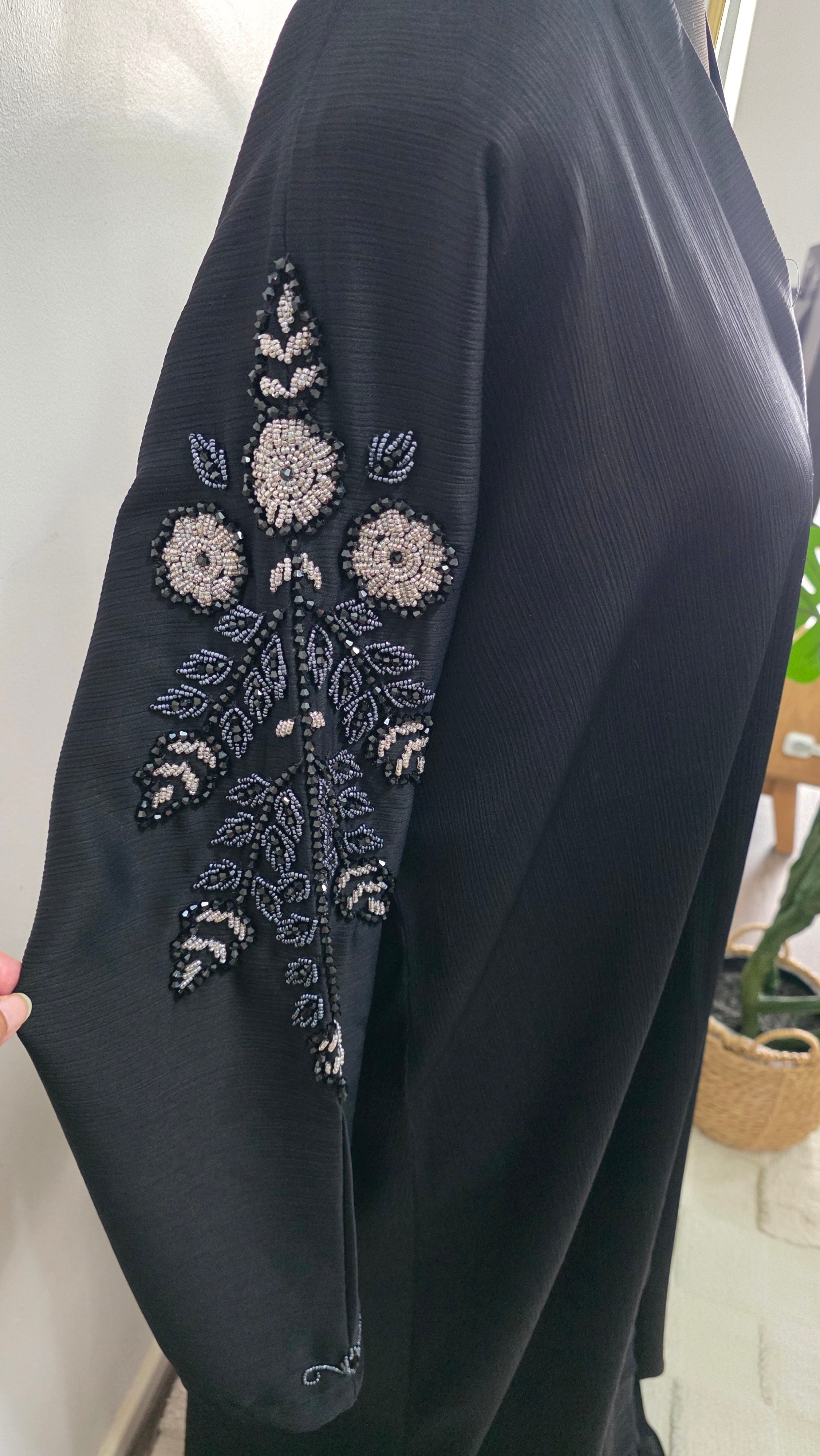 Black Abaya with Hand Beaded Sleeve Detail and Matching Hijab