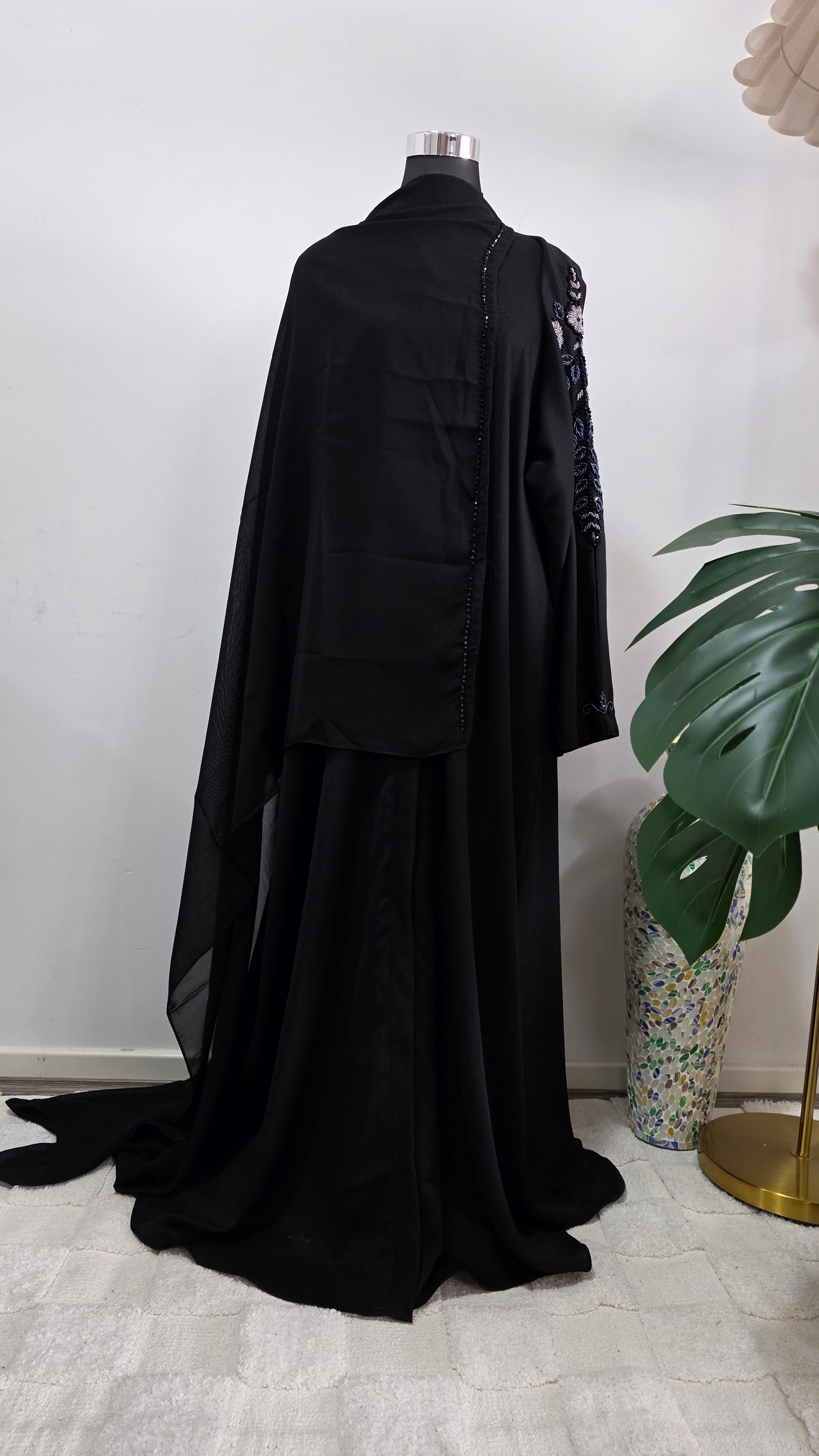 Black Abaya with Hand Beaded Sleeve Detail and Matching Hijab
