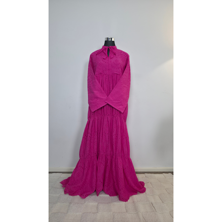 Fuchsia Pink Embroidered Cotton Tiered Modest Maxi Dress