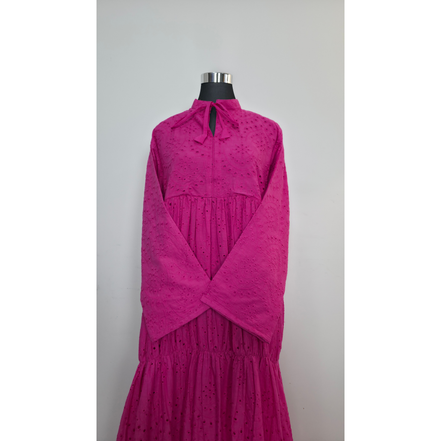 Fuchsia Pink Embroidered Cotton Tiered Modest Maxi Dress