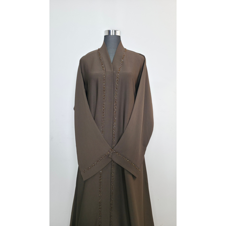 Brown Beaded Open Abaya with Belt