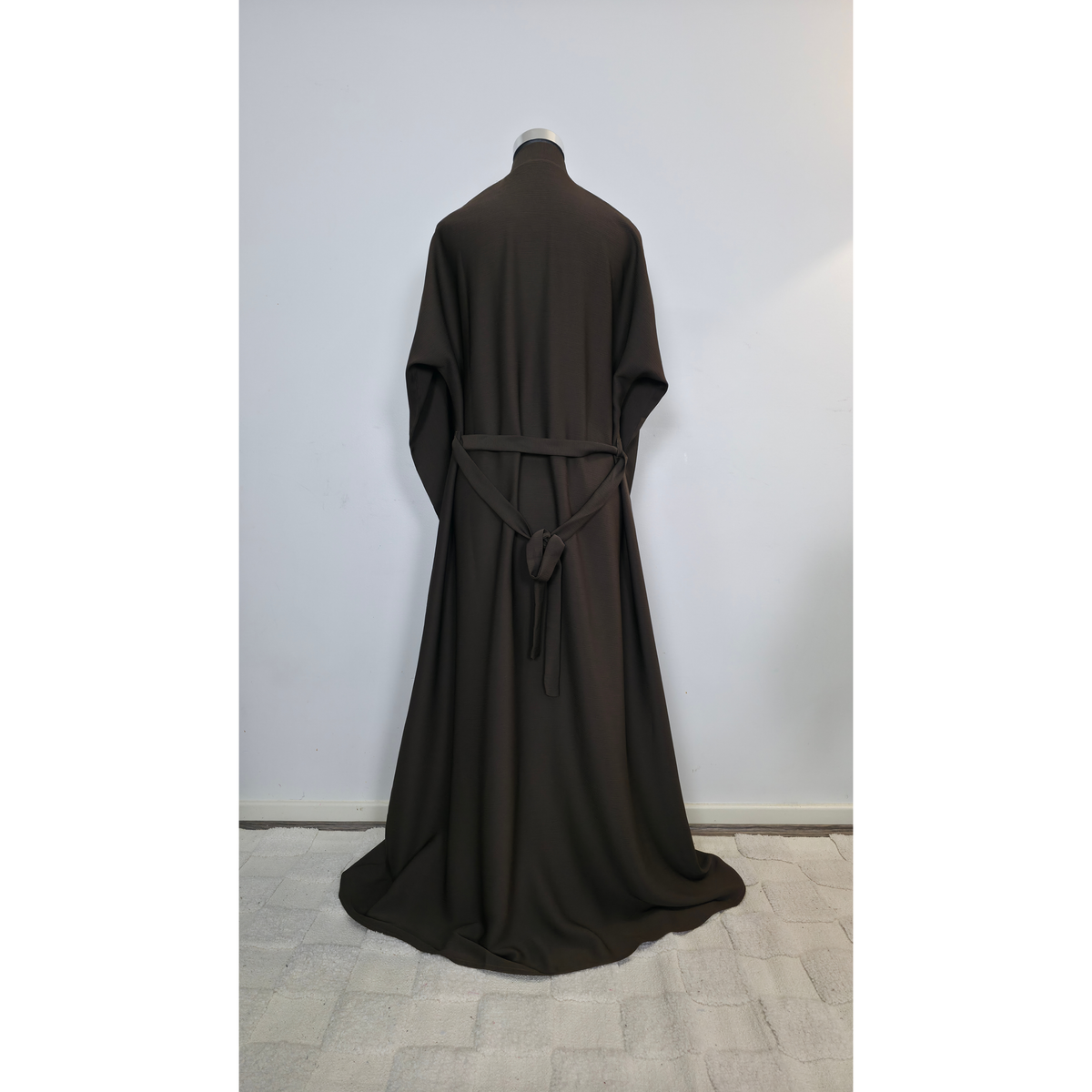 Brown Beaded Open Abaya with Belt