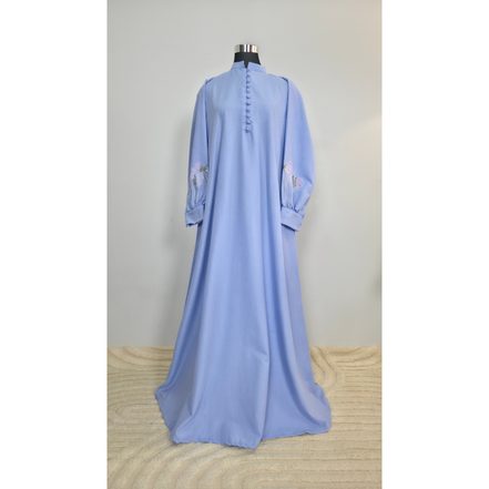 Powder Blue Cotton Maxi Dress with Floral Embroidered Sleeves