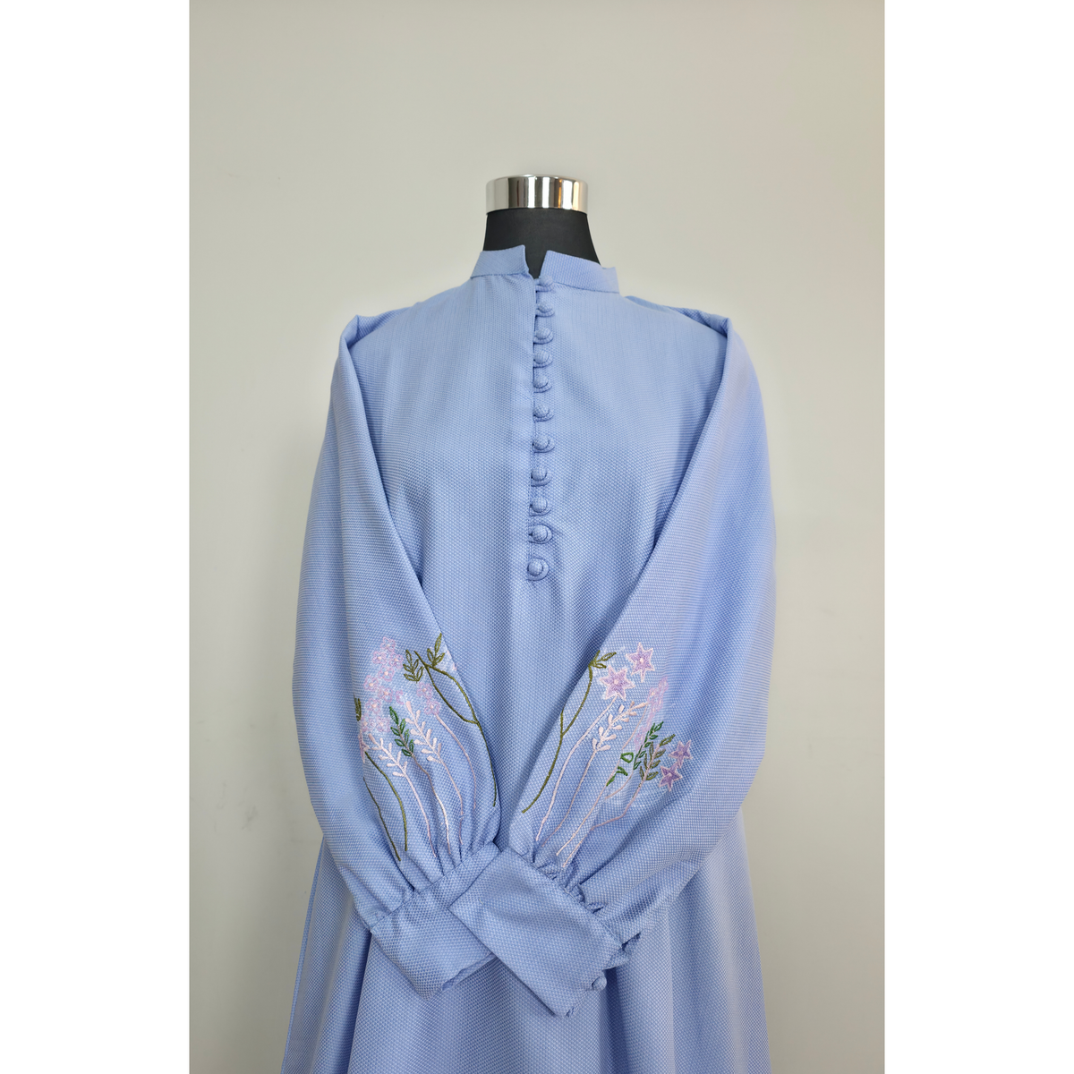 Powder Blue Cotton Maxi Dress with Floral Embroidered Sleeves