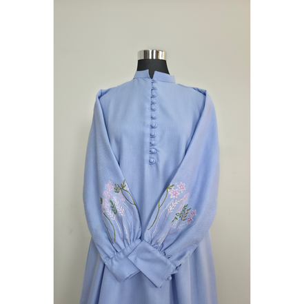 Powder Blue Cotton Maxi Dress with Floral Embroidered Sleeves