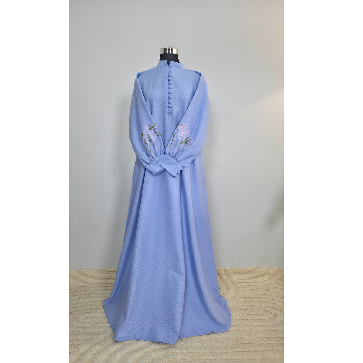 Powder Blue Cotton Maxi Dress with Floral Embroidered Sleeves