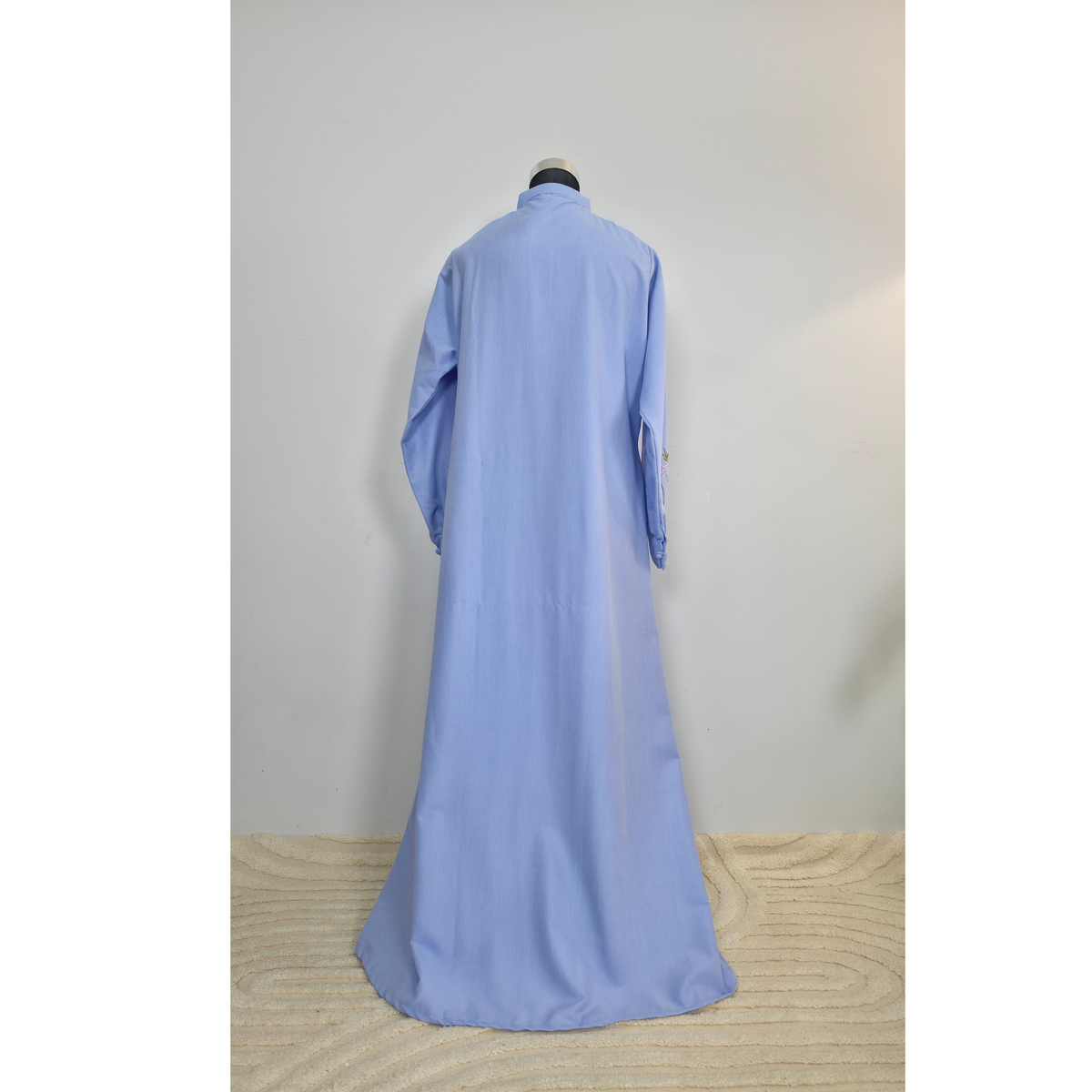 Powder Blue Cotton Maxi Dress with Floral Embroidered Sleeves