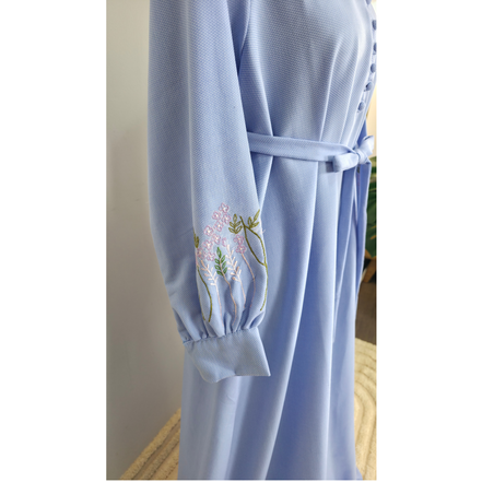 Powder Blue Cotton Maxi Dress with Floral Embroidered Sleeves