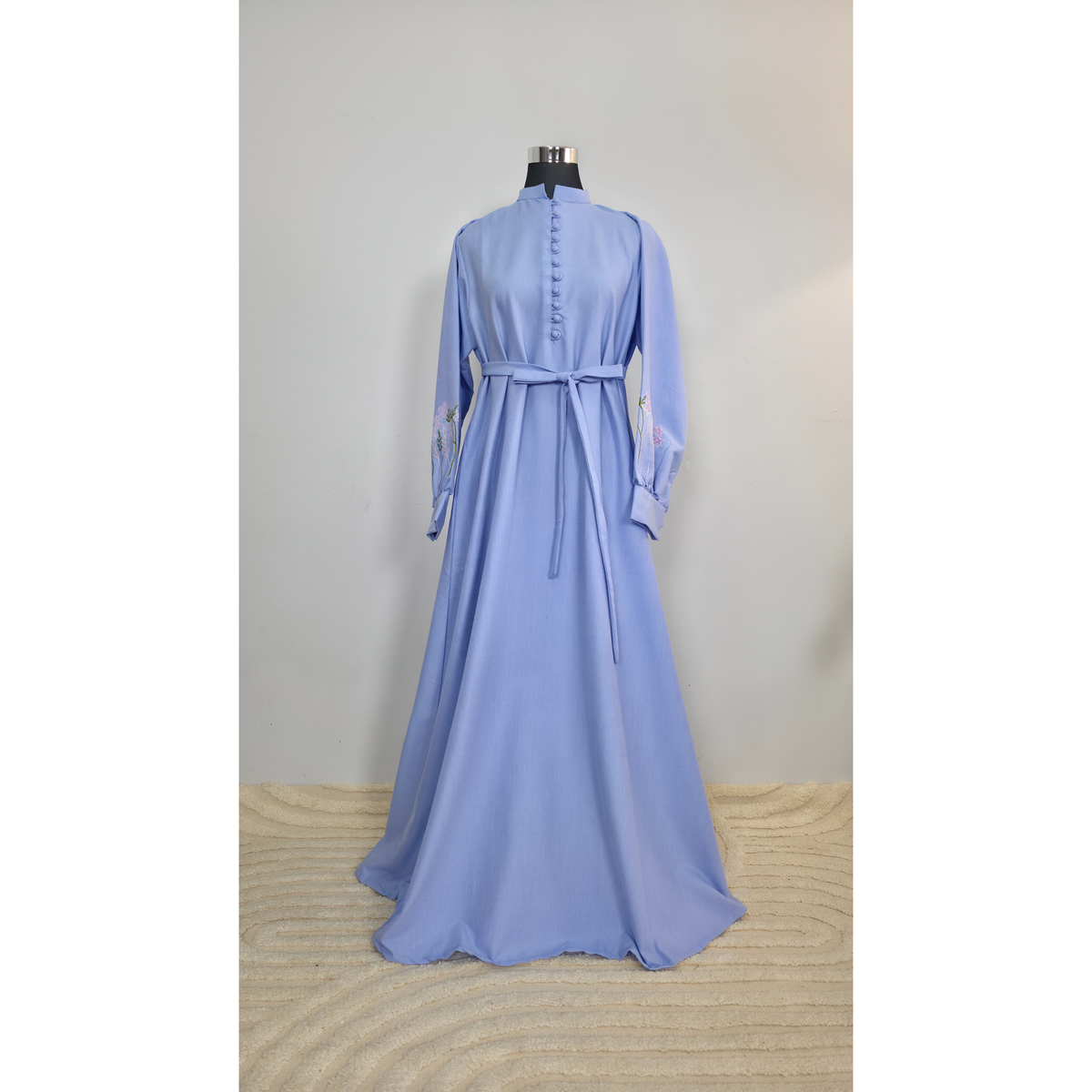 Powder Blue Cotton Maxi Dress with Floral Embroidered Sleeves