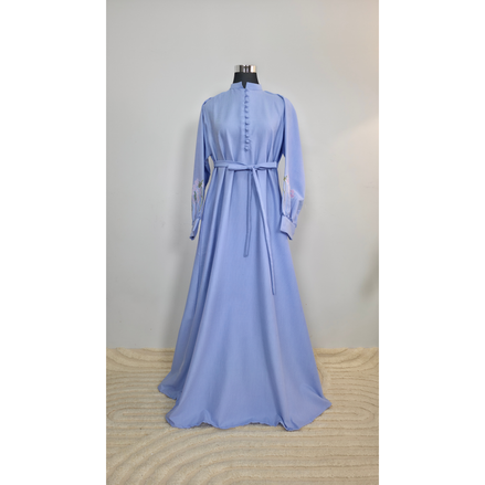 Powder Blue Cotton Maxi Dress with Floral Embroidered Sleeves