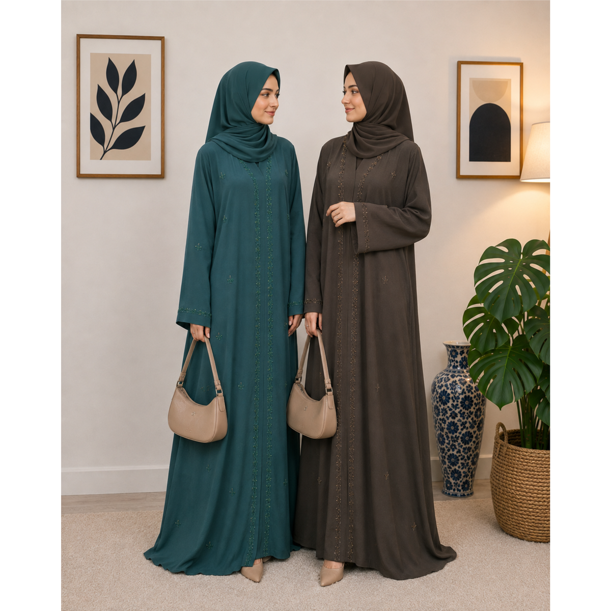 Brown Beaded and Embroidered Abaya