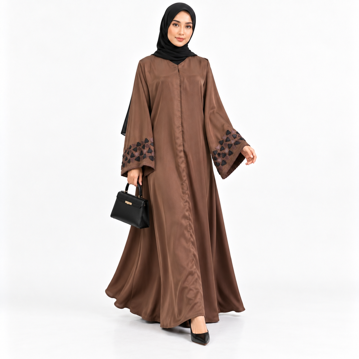 Chocolate Brown Abaya with Geometric Triangle Appliqué