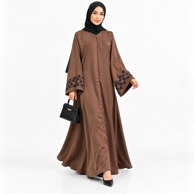 Chocolate Brown Abaya with Geometric Triangle Appliqué