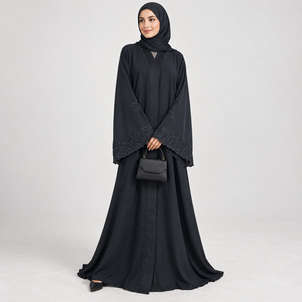 Black Embroidered Abaya with diamantes and  Matching Hijab