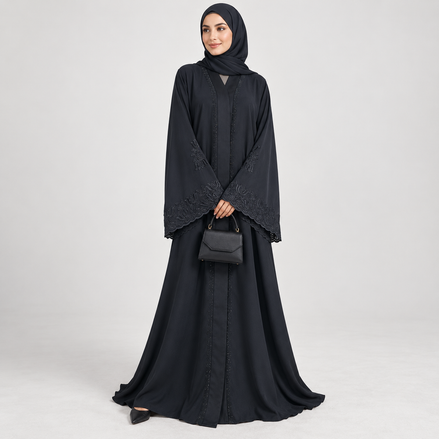 Black Embroidered Abaya with diamantes and  Matching Hijab
