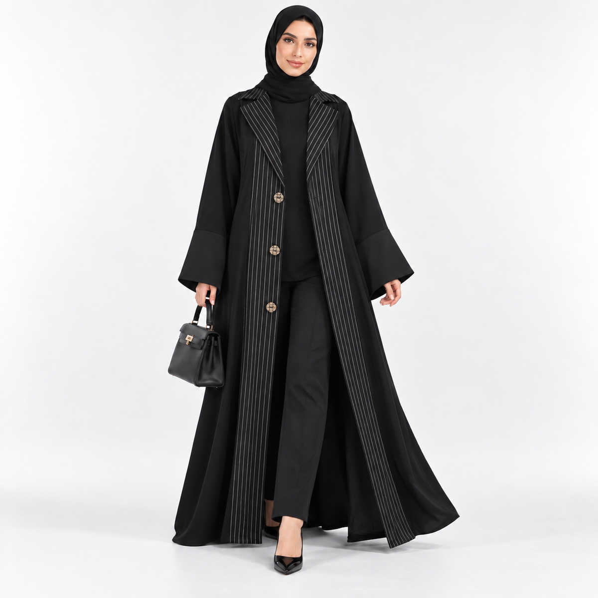 Black Coat collared Pinstripe Abaya Set with Matching Hijab