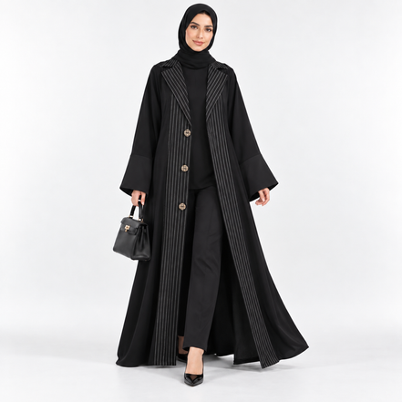 Black Coat collared Pinstripe Abaya Set with Matching Hijab