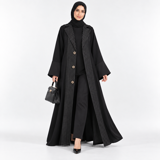 Black Coat collared Pinstripe Abaya Set with Matching Hijab